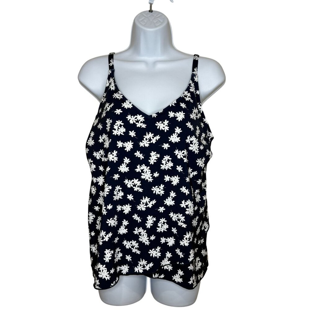 Lands' End Navy White Floral Tankini Swim Top Layered Front Adj Strap Sz M 10-12